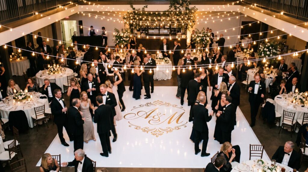 White dance floor wrap with a gold monogram at an evening ballroom wedding with string lights