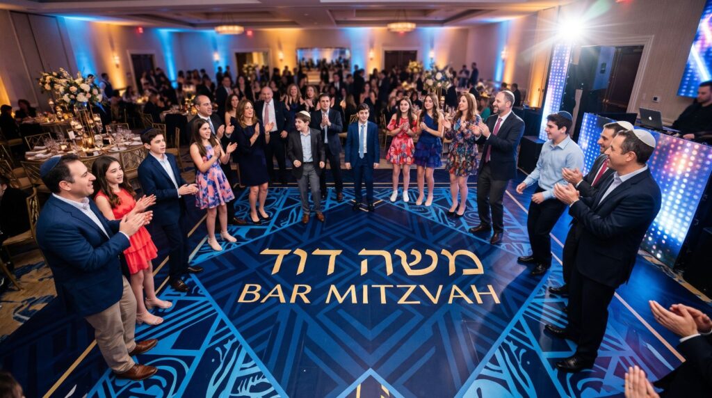 Blue patterned bar mitzvah dance floor wrap with the name in Hebrew and English