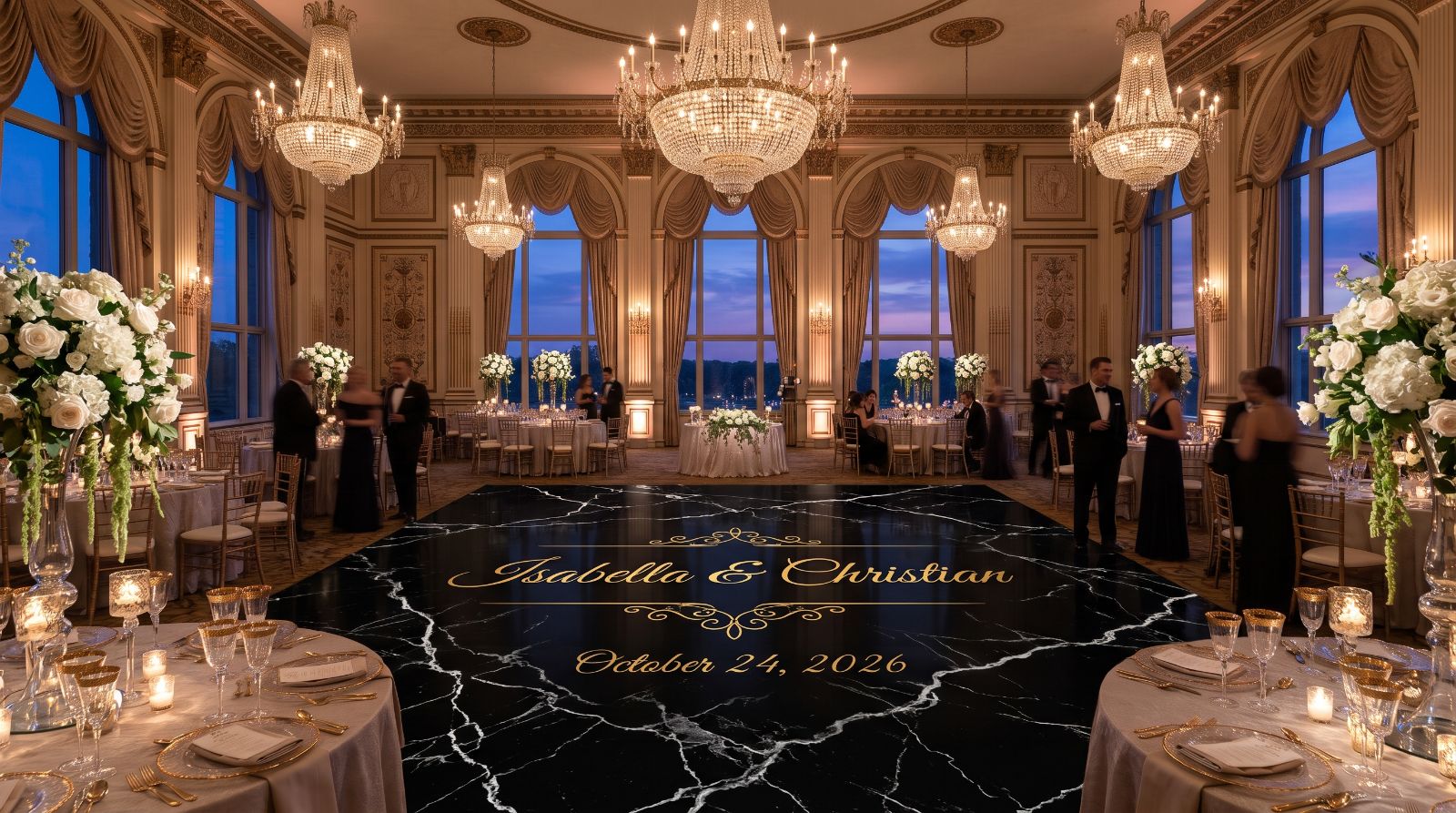 Wedding dance floor wrap ideas: monograms, marble, florals and more
