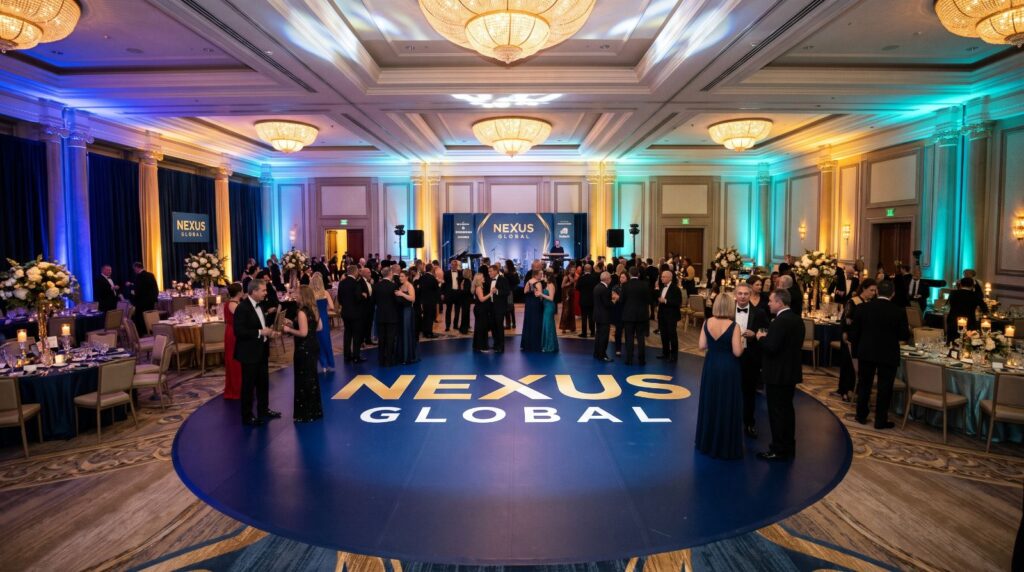 Round navy dance floor wrap with a company logo at a corporate gala