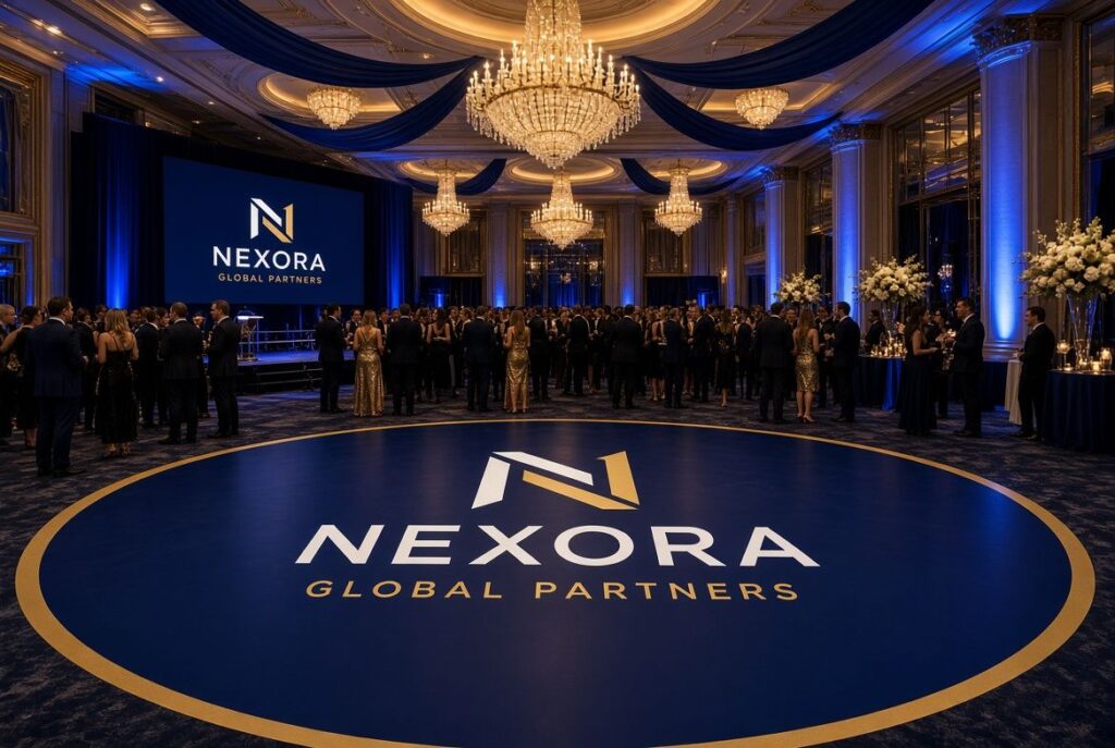 Navy and gold logo floor wrap in a ballroom for a corporate event