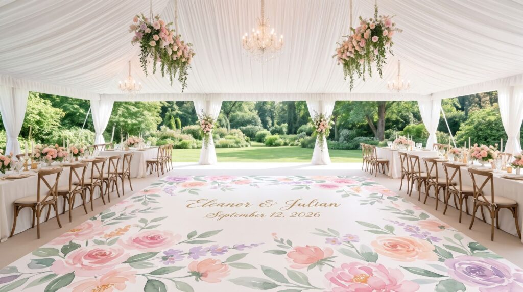 Watercolor floral floor wrap with names and date under a garden wedding tent
