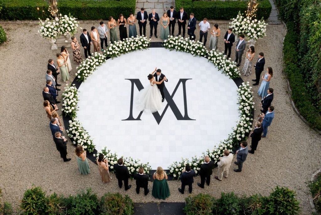 Round white monogram dance floor wrap ringed with flowers at an outdoor garden wedding