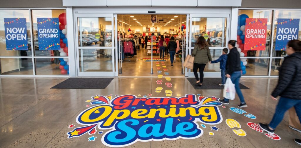 Grand Opening Sale floor graphic with footprints leading into a retail store entrance