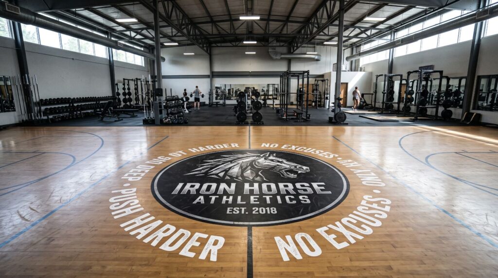 Gym floor with a large logo floor graphic and motivational text