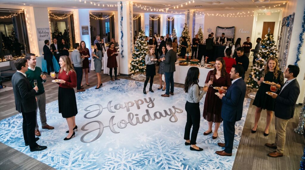 Snowflake floor wrap with Happy Holidays lettering at an office holiday party