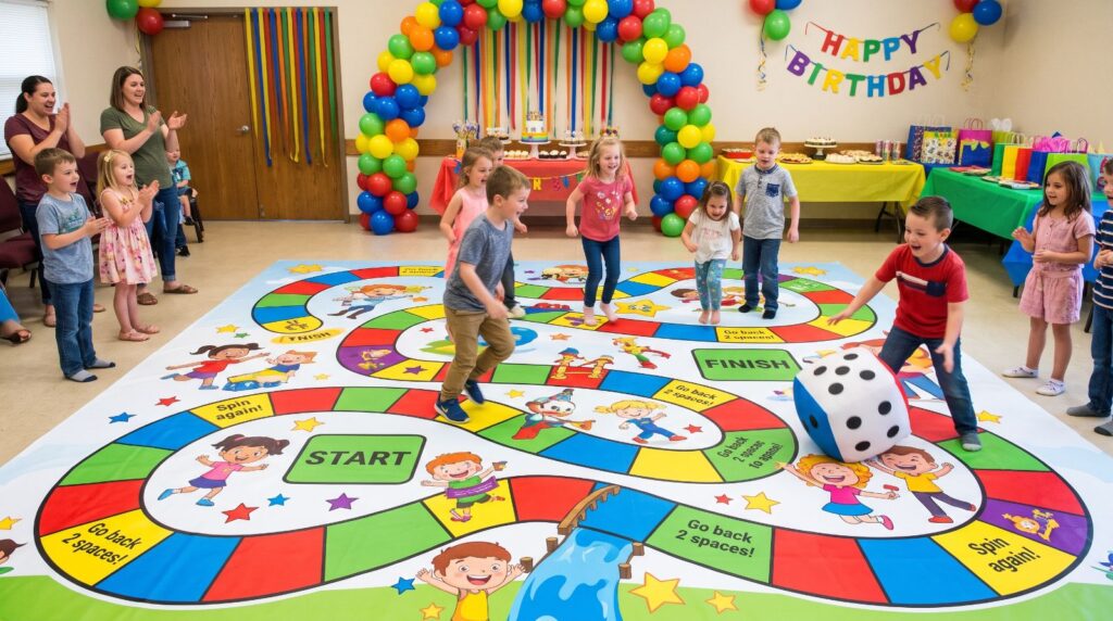 Giant board game floor wrap at a kids birthday party, children playing on it
