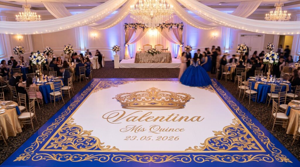 Royal blue and gold quinceañera dance floor wrap with a crown and the guest of honor's name