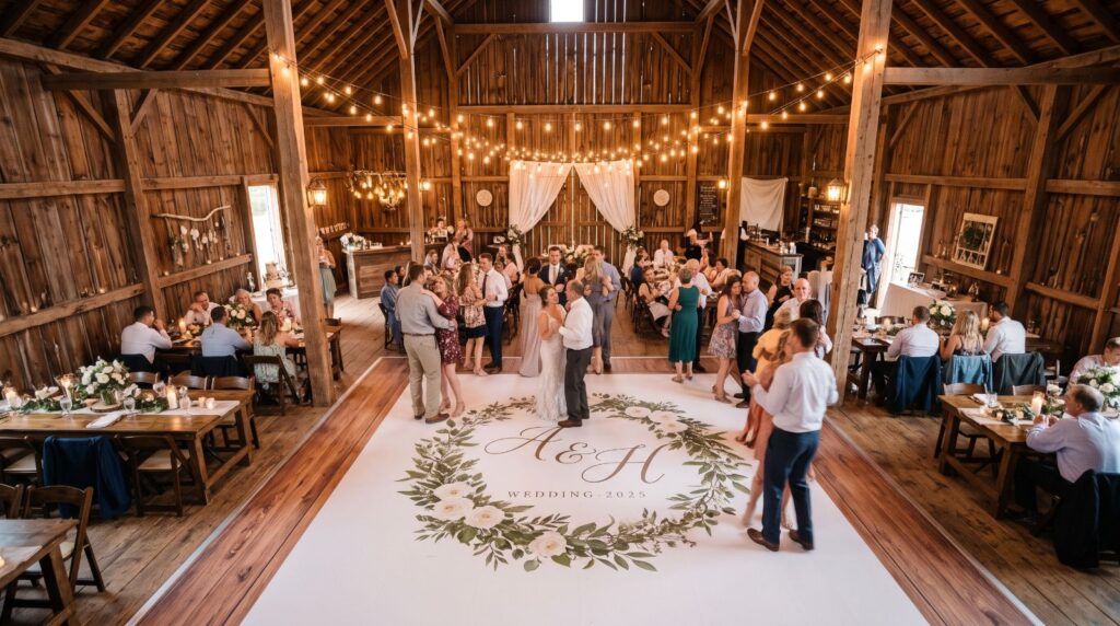 White dance floor wrap with a greenery wreath monogram at a rustic barn wedding