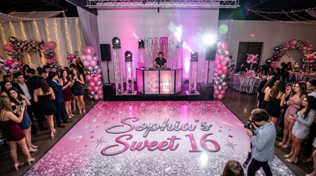 Pink and silver glitter-look dance floor wrap with Sophia's Sweet 16 lettering, DJ booth behind