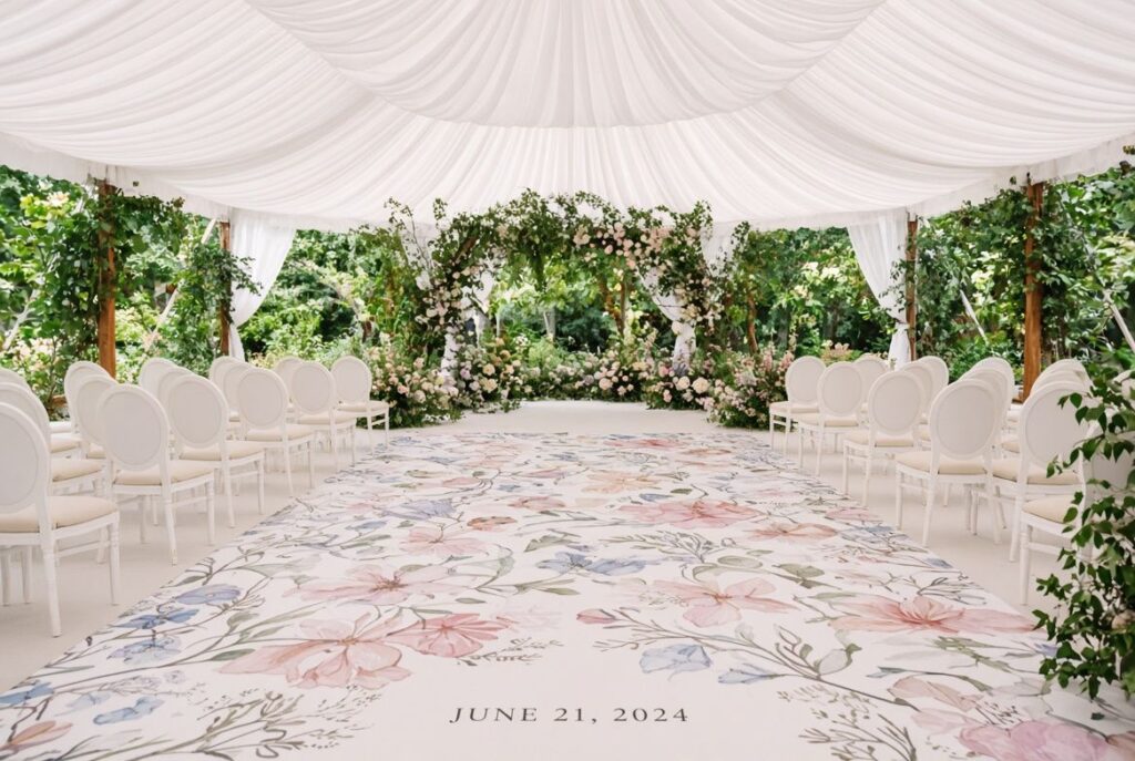 Pastel floral floor wrap down the aisle of a white tent wedding