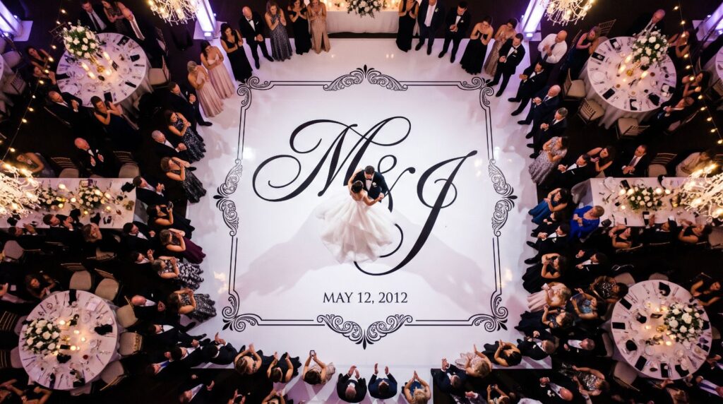 Overhead view of a white wedding dance floor wrap with a black script monogram and date